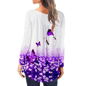 Camisetas de Manga Larga Top para Mujer Camiseta plisada de Cuello Redondo Blusa Jersey Sudadera Túnica Tanque Shirt,Z3-Purple,Large