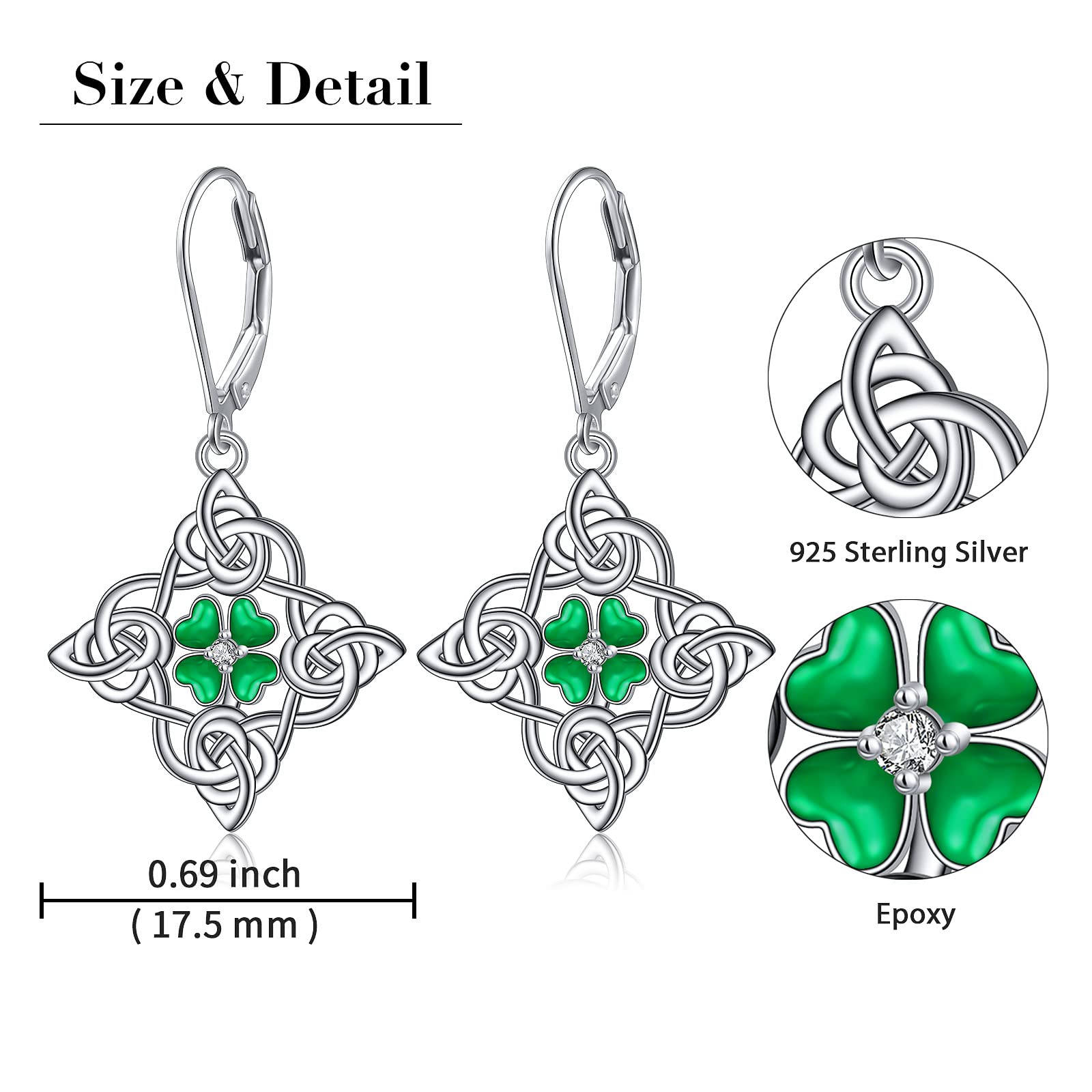 St Patrick’s Day Earrings Sterling Silver Shamrock Earrings Irish Celtic Four Leaf Clover Leverback Earring Green Jewelry Gifts