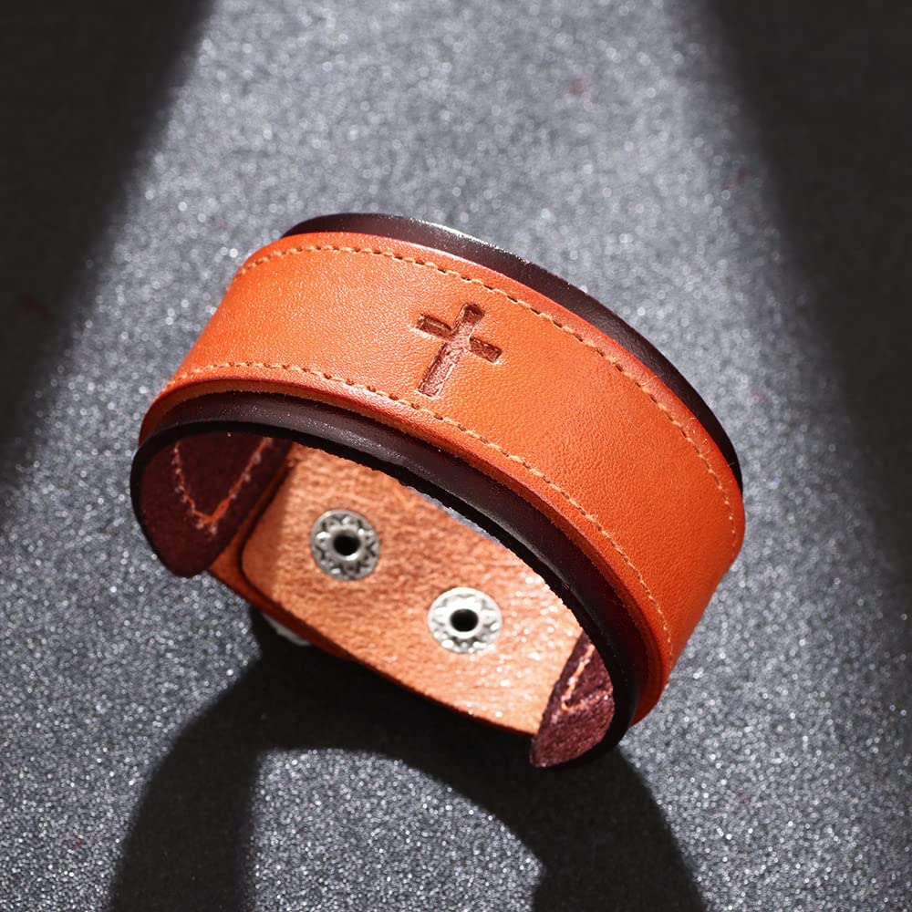 Sofyca Adjustable Leather Bracelet with Cross Christian Jesus Faith Leather Bracelet Christ Baptism Catholic Jewelry Fashion Jewelry Gifts(Brown)