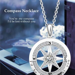 S925 Sterling Silver Compass Necklaces for Women Teen Girls I'd be Lost without You 5A Cubic Zirconia 18K White Gold Plated Jewelry