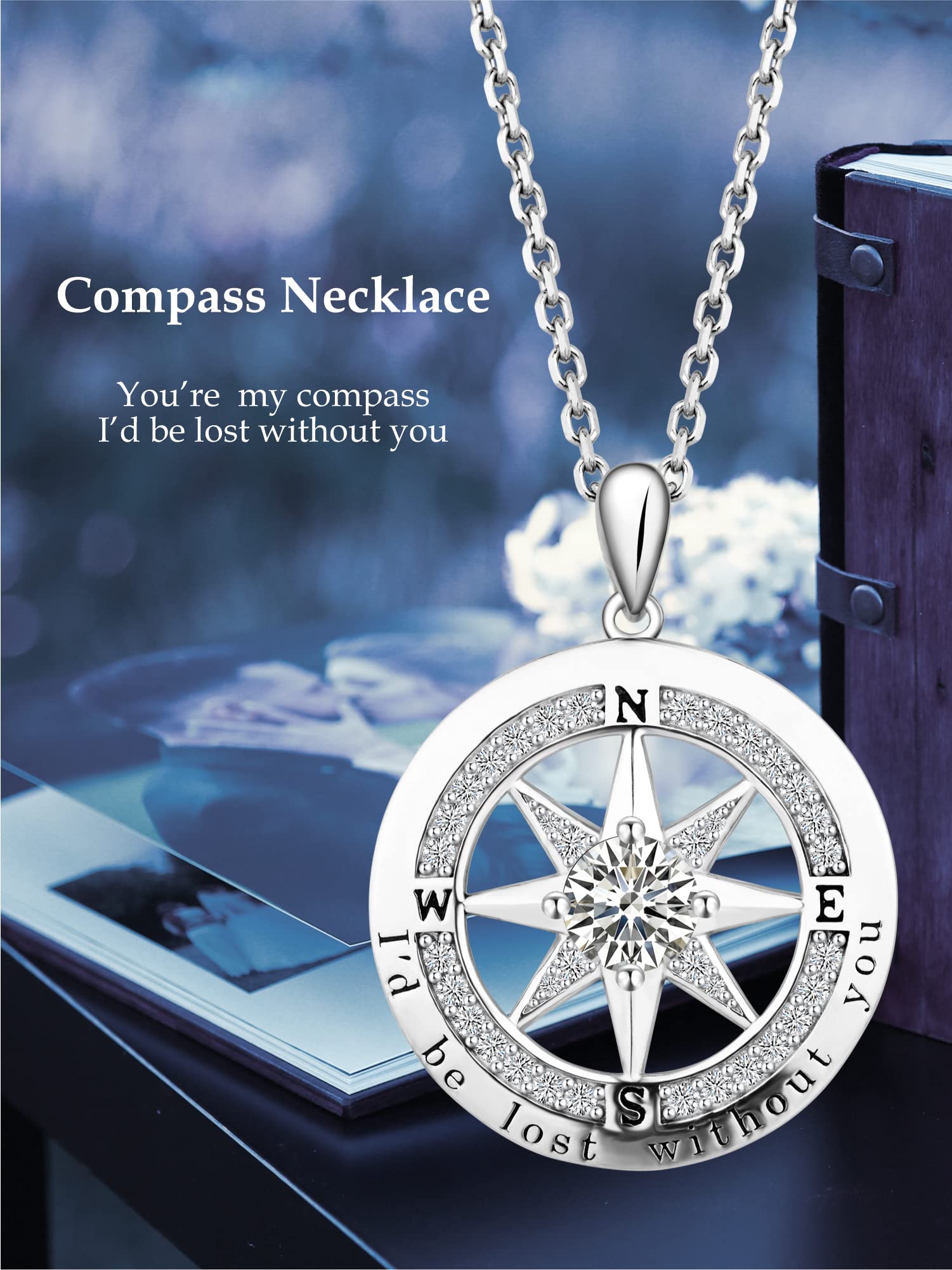 S925 Sterling Silver Compass Necklaces for Women Teen Girls I'd be Lost without You 5A Cubic Zirconia 18K White Gold Plated Jewelry