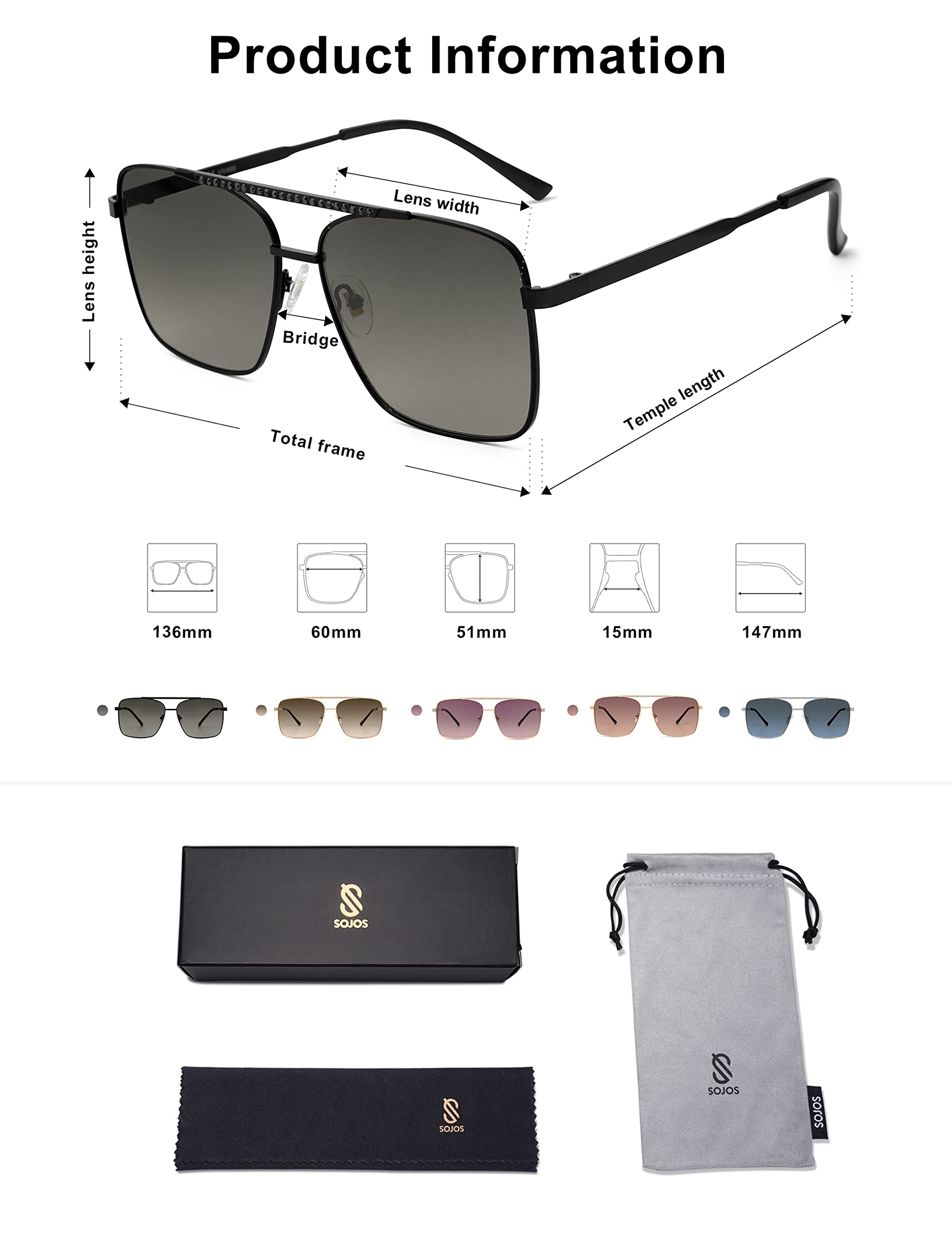 SOJOS Trendy Aviator Sunglasses Womens Oversized Retro Rhinestone Double Bridge Square Women Shades SJ1195 Black Frame Grey Lens