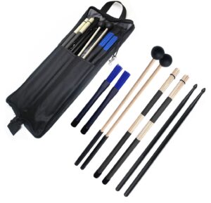 tuoren drum stick bag portable drumstick storage handbag with drumsticks drum brushes stick set 4pair percussion instrument accessories for jazz acoustic drummer practice, rock band, students black