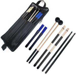 TUOREN Drum Stick Bag Portable Drumstick Storage Handbag with Drumsticks Drum Brushes Stick Set 4Pair Percussion Instrument Accessories for Jazz Acoustic Drummer Practice, Rock Band, Students Black