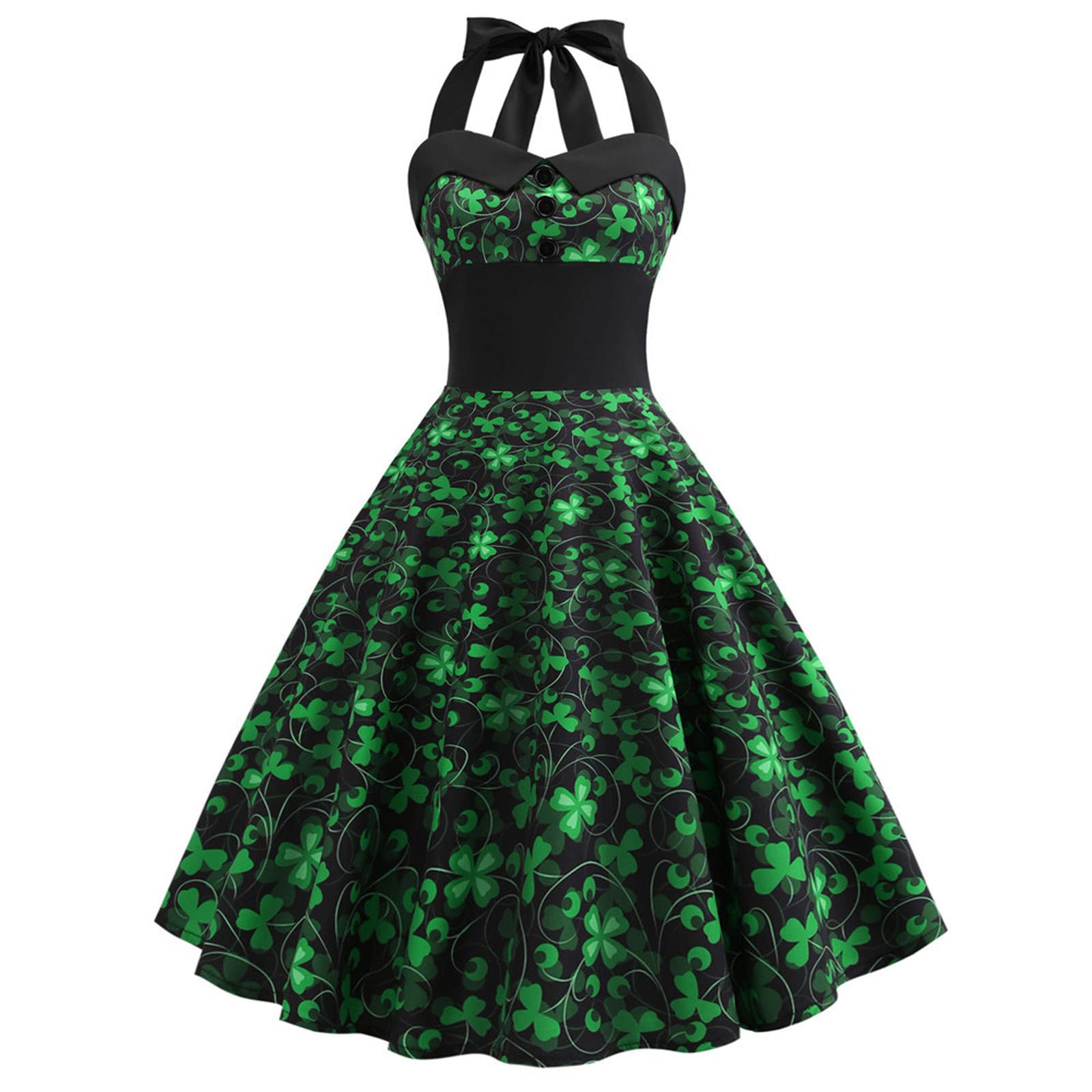 Dresses for Women St. Patrick's Day Sleeveless R-Neck Printing Vintage Gown Party Retro Swing Halter Dress Green