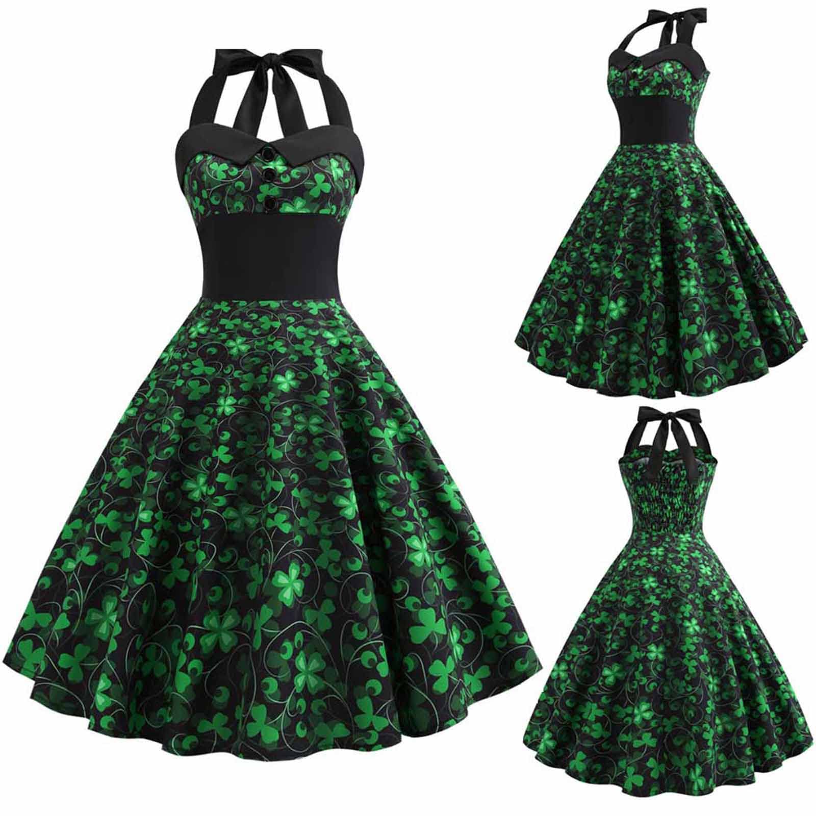 Dresses for Women St. Patrick's Day Sleeveless R-Neck Printing Vintage Gown Party Retro Swing Halter Dress Green