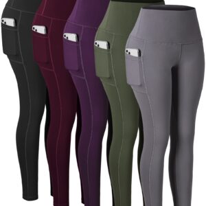 CHRLEISURE Leggings with Pockets for Women, High Waisted Tummy Control Workout Yoga Pants(5 Packs, Black,Gray,Green,Purple,Cassis, S)