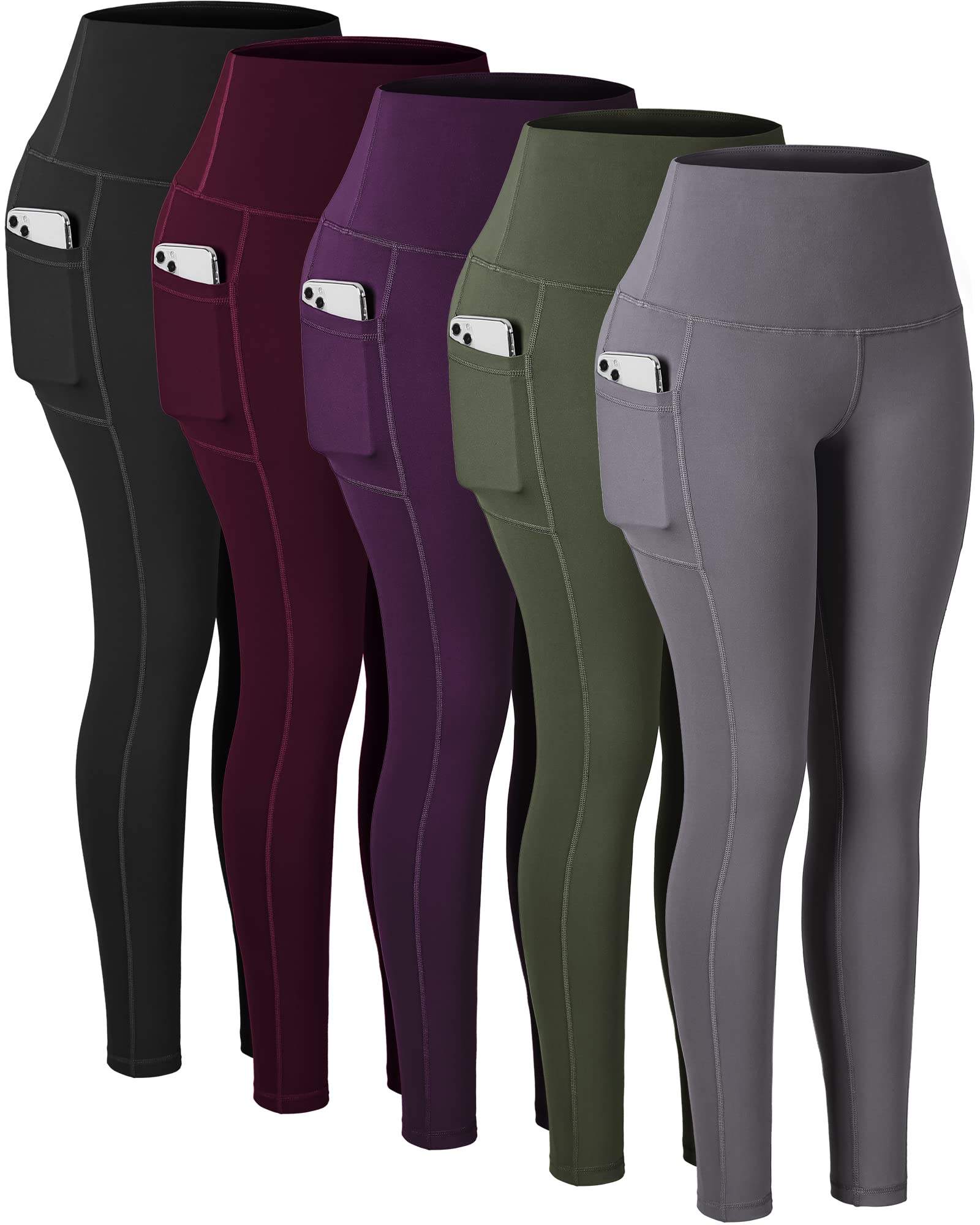 CHRLEISURE Leggings with Pockets for Women, High Waisted Tummy Control Workout Yoga Pants(5 Packs, Black,Gray,Green,Purple,Cassis, S)