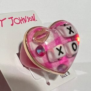 Betsey Johnson Chunky Fuchsia Pink Resin Heart Ring XOX and Gingham Size 8 NWT Valentine's Day Gift Idea Mother's Day XMAS Christmas Present LOVE Heart