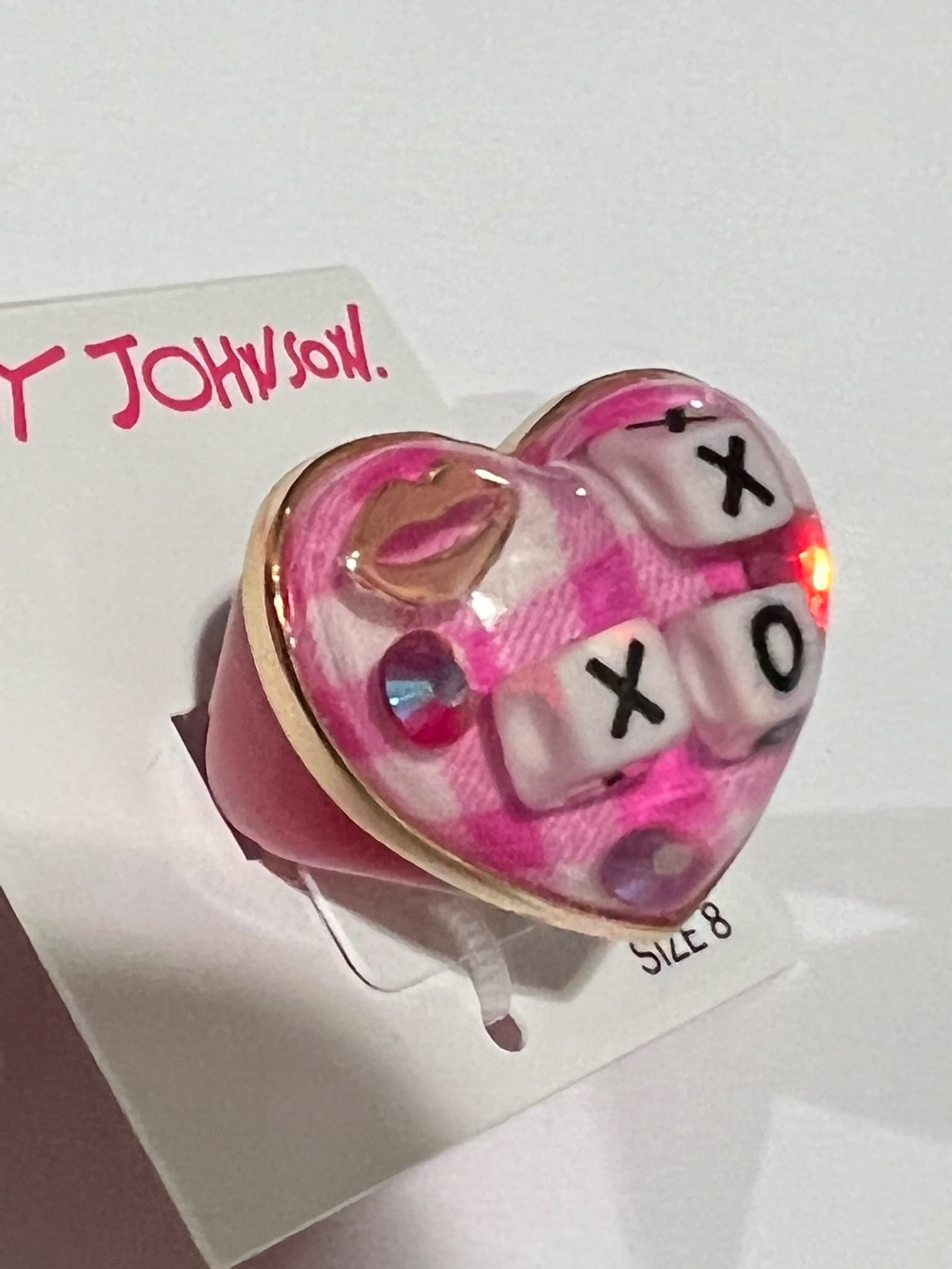 Betsey Johnson Chunky Fuchsia Pink Resin Heart Ring XOX and Gingham Size 8 NWT Valentine's Day Gift Idea Mother's Day XMAS Christmas Present LOVE Heart