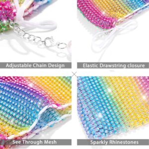 Yokawe Mini Rhinestone Purses for Women Evening Handbags Sparkly Mesh Cell Phone Wallet for Vacation Club Party Wedding (Rainbow)