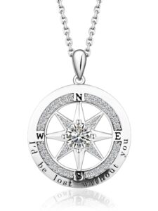 s925 sterling silver compass necklaces for women teen girls i'd be lost without you 5a cubic zirconia 18k white gold plated jewelry