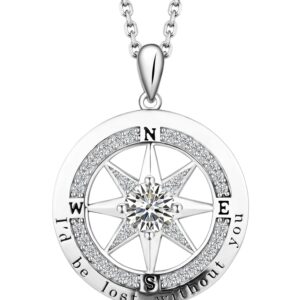 S925 Sterling Silver Compass Necklaces for Women Teen Girls I'd be Lost without You 5A Cubic Zirconia 18K White Gold Plated Jewelry