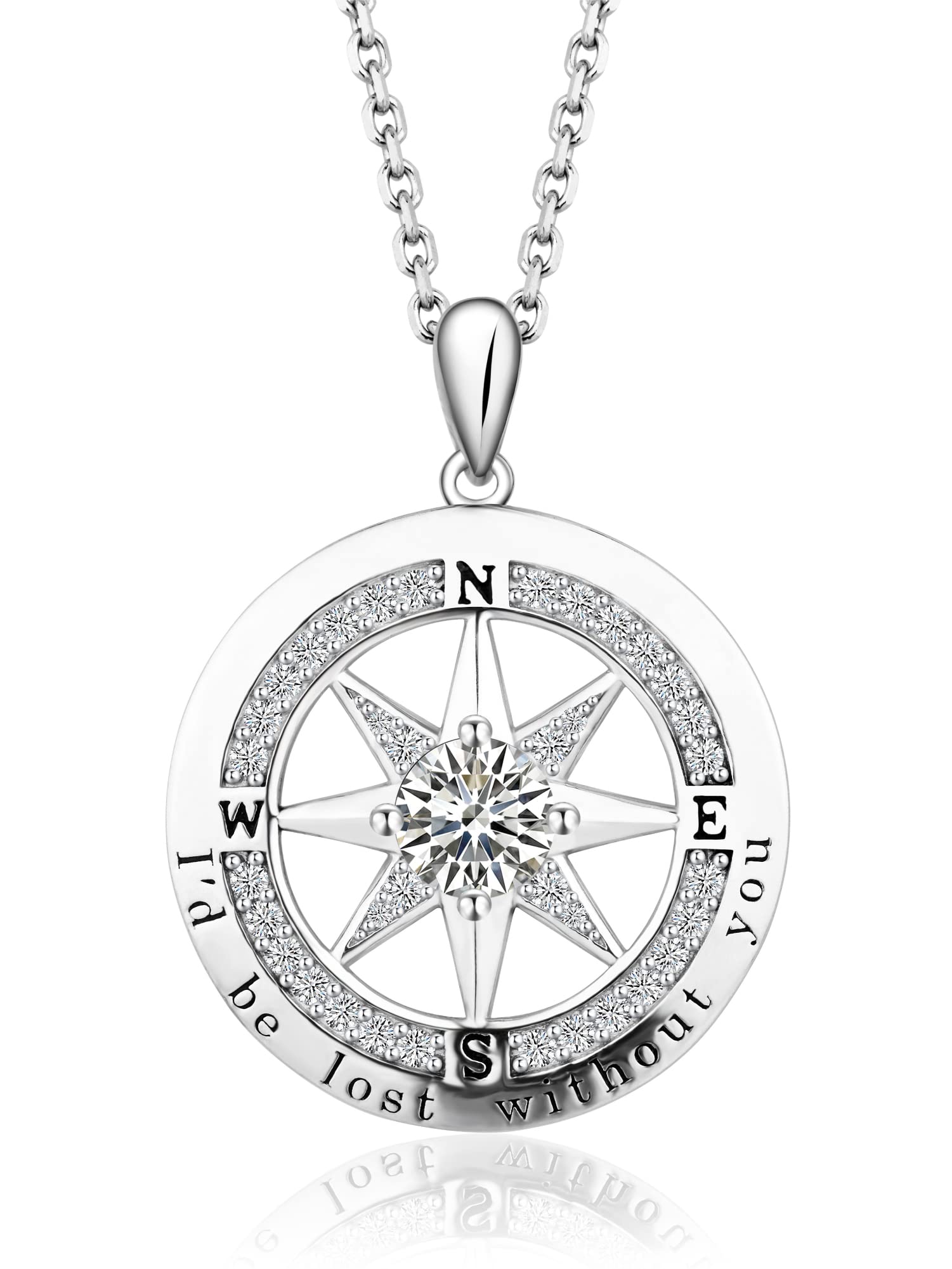 S925 Sterling Silver Compass Necklaces for Women Teen Girls I'd be Lost without You 5A Cubic Zirconia 18K White Gold Plated Jewelry