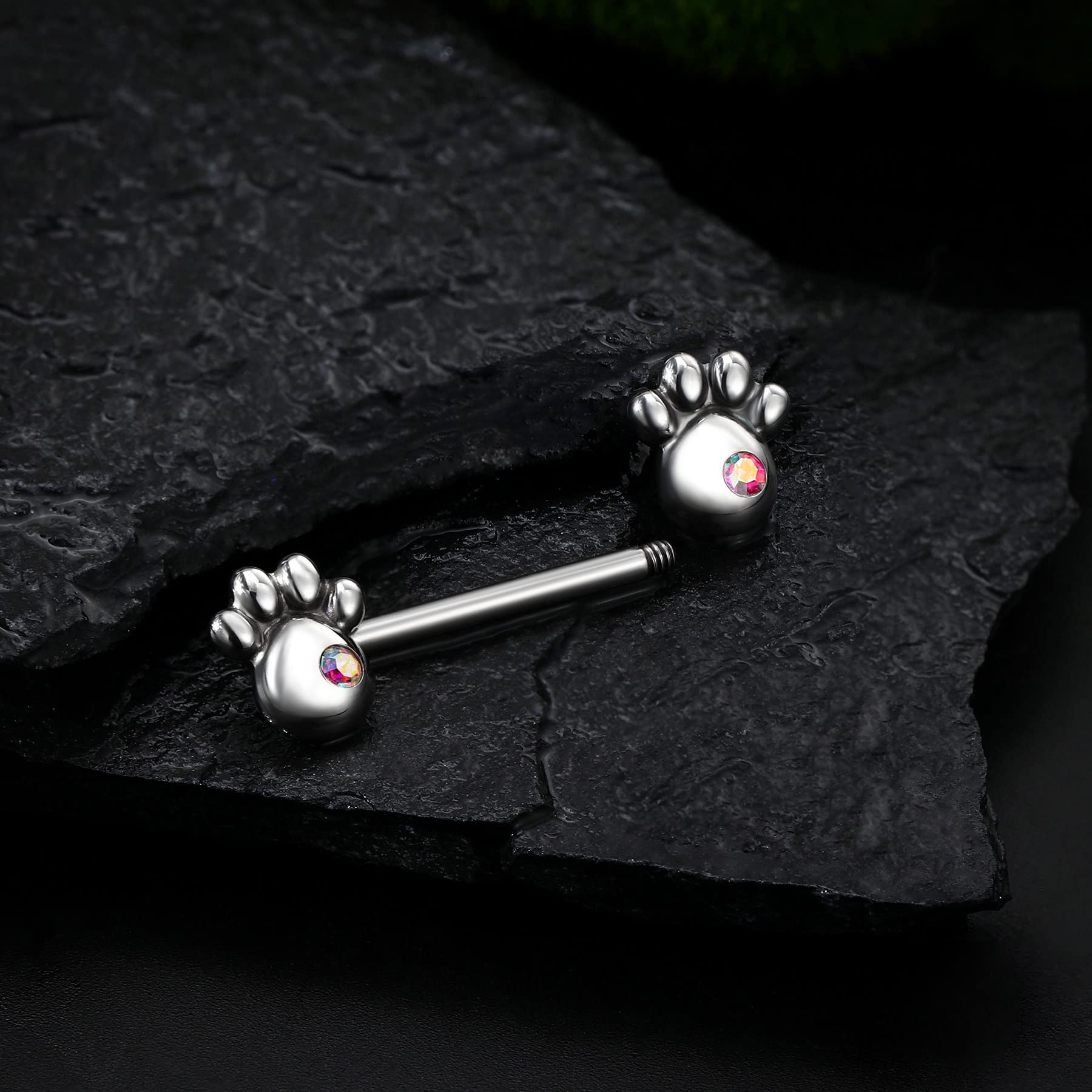 COCHARM 2pcs G23 Solid Titanium Nipple Rings for Women 14g Dog Paw Print Nipple Barbells 14mm Hypoallergenic Nipple Piercing Cute Nipple Jewelry