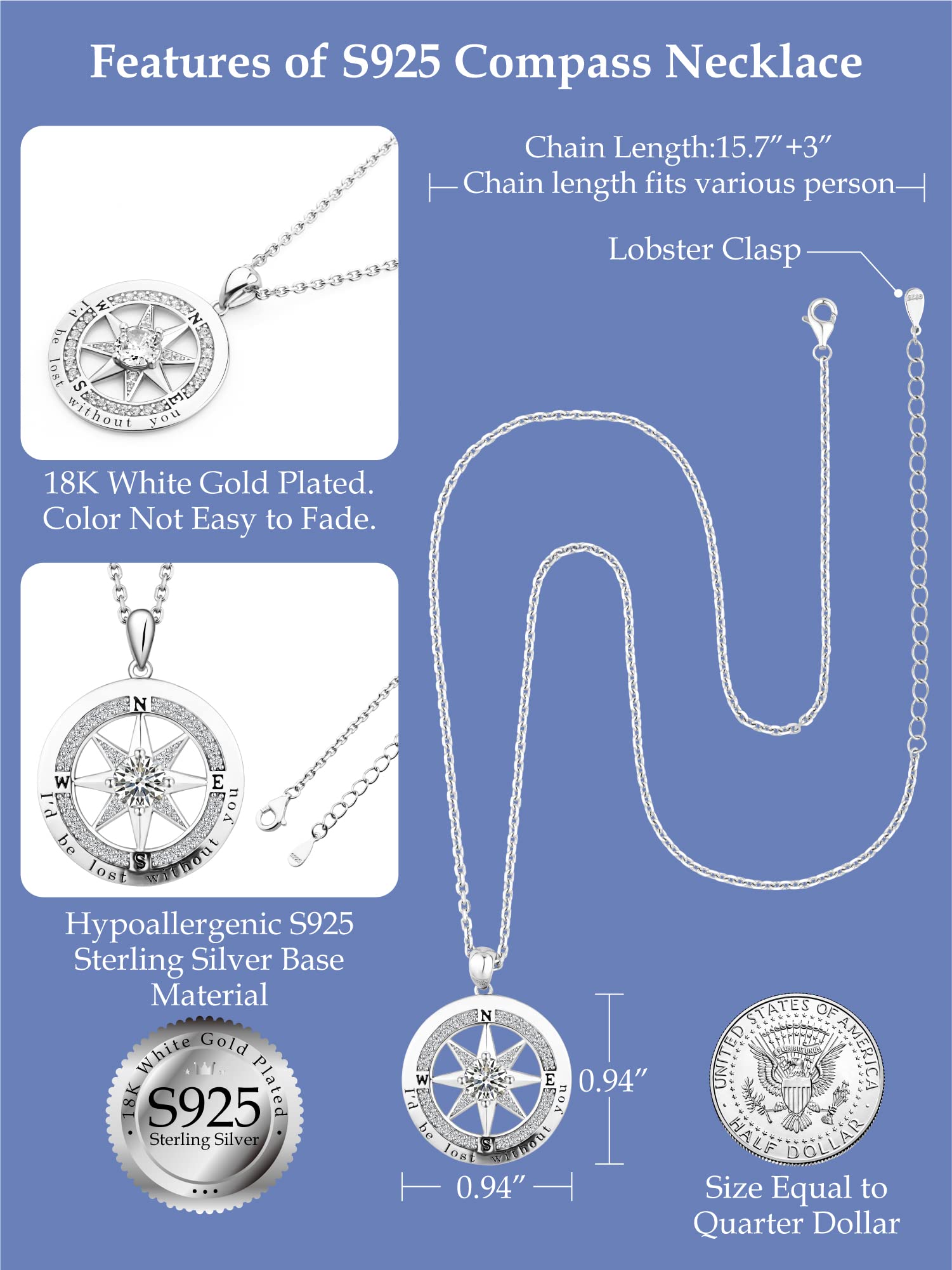 S925 Sterling Silver Compass Necklaces for Women Teen Girls I'd be Lost without You 5A Cubic Zirconia 18K White Gold Plated Jewelry