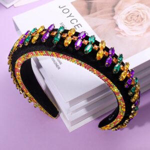 Crystal Mardi Gras Headband for Women Girls Sparkly Rhinestone Embellished Purple Green Yellow Hairbands Elastic Wide Carnival Hair Hoop Parade Headwear (Crystal)