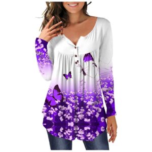 Camisetas de Manga Larga Top para Mujer Camiseta plisada de Cuello Redondo Blusa Jersey Sudadera Túnica Tanque Shirt,Z3-Purple,Large