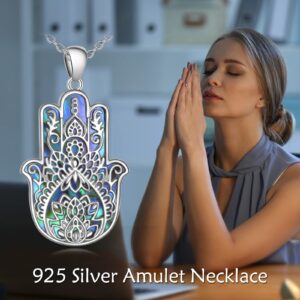 VONALA Hamsa Necklace 925 Sterling Silver Hand of Fatima Necklace Lotus Flower Pendant Good Luck Jewelry Gift for Women Men