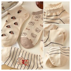 4/5/6/8/10 Pairs Cute Low Cut Ankle Sock Winter Gifts for Women Floral Ankle Thermal Socks Women Short Socks Casual Cotton Socks (5 Pairs-Brown Combo)