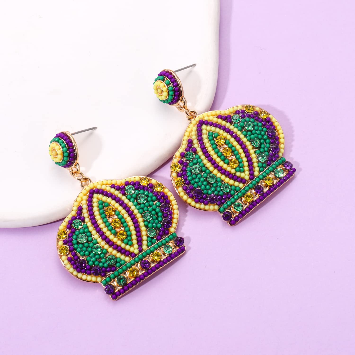 Beaded Mardi Gras Earrings for Women Purple Green Gold Earrings Temps Bons Fleur De Lis Carnival Earrings Jewelry Gifts (Hat)