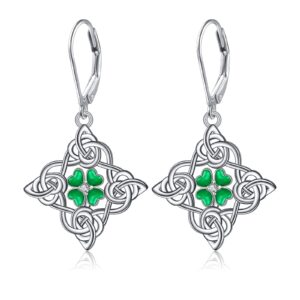 St Patrick’s Day Earrings Sterling Silver Shamrock Earrings Irish Celtic Four Leaf Clover Leverback Earring Green Jewelry Gifts