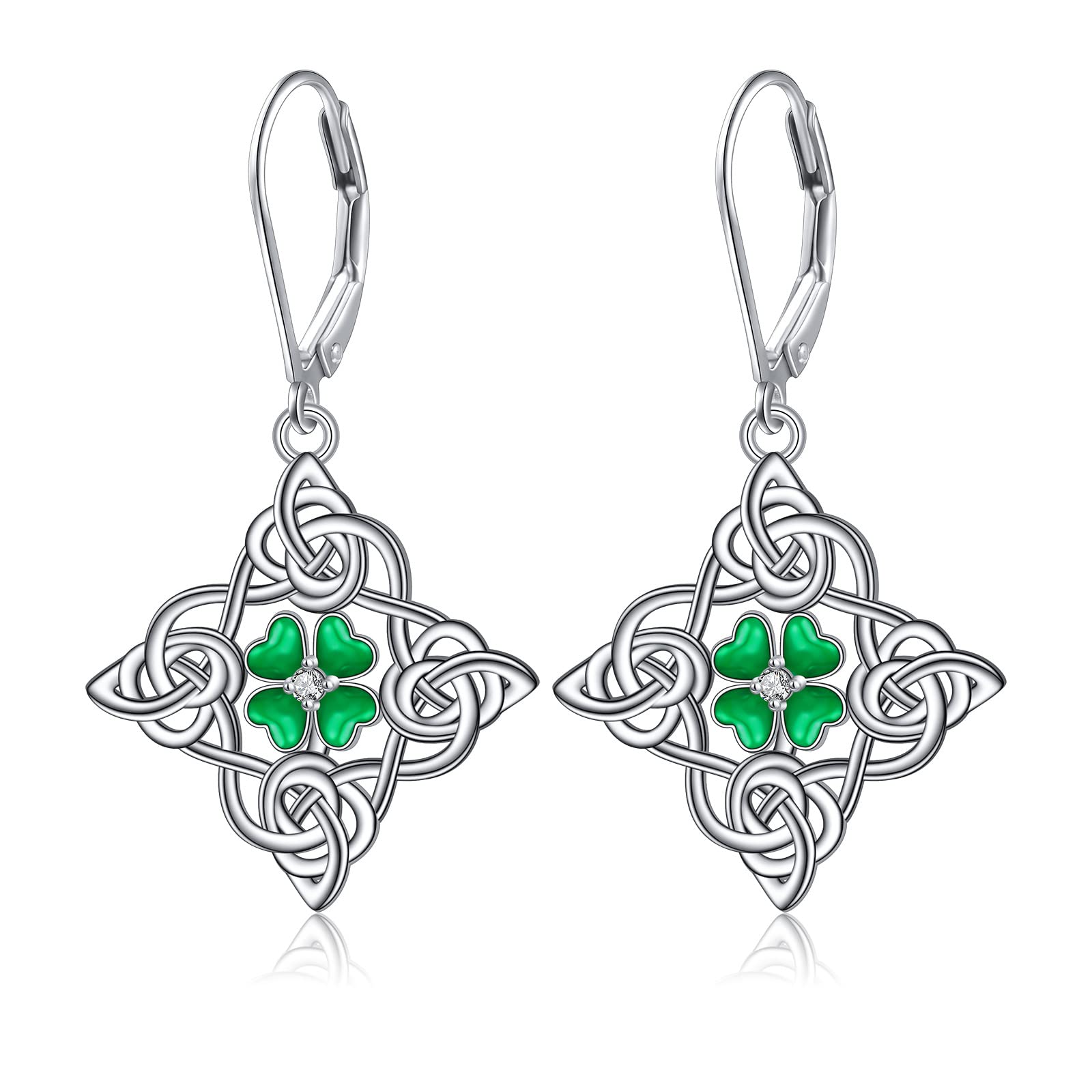 St Patrick’s Day Earrings Sterling Silver Shamrock Earrings Irish Celtic Four Leaf Clover Leverback Earring Green Jewelry Gifts