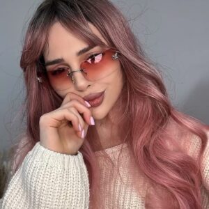 Rectangle Y2k Sunglasses for Women,Trendy Rimless Gradient Pink Sunglasses Retro Square Vintage Shades