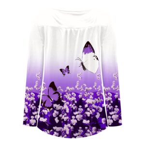 Camisetas de Manga Larga Top para Mujer Camiseta plisada de Cuello Redondo Blusa Jersey Sudadera Túnica Tanque Shirt,Z3-Purple,Large