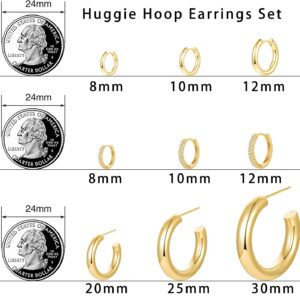 Cuicanstar 9 Pairs Chunky Gold Hoop Earrings Lightweight 14K Gold Hoops Earrings Minimalist Cubic Zirconia Huggie Earrings Set for Women