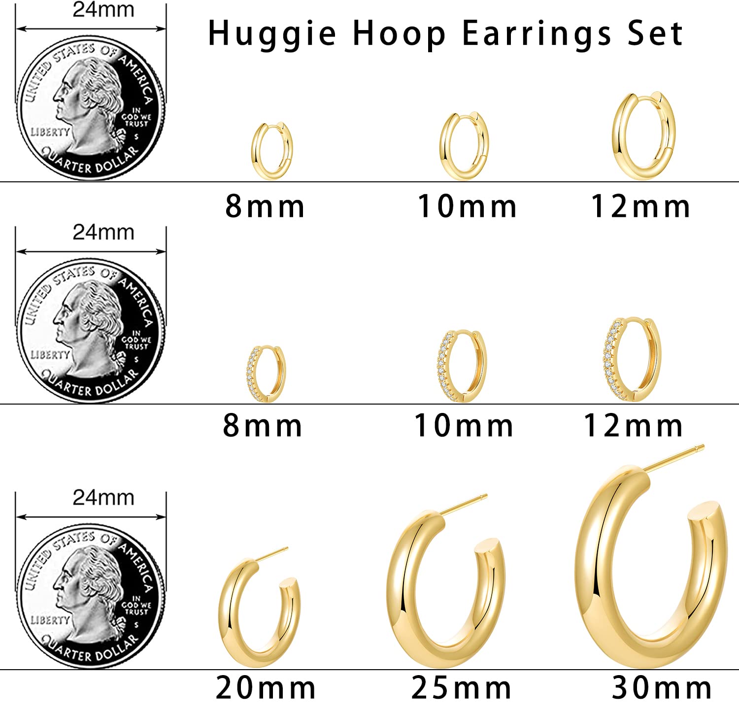 Cuicanstar 9 Pairs Chunky Gold Hoop Earrings Lightweight 14K Gold Hoops Earrings Minimalist Cubic Zirconia Huggie Earrings Set for Women