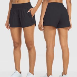 YEZII Athletic Shorts for Women with Pockets High Waist Running Workout Shorts Gym Yoga White Summer Shorts Black-L