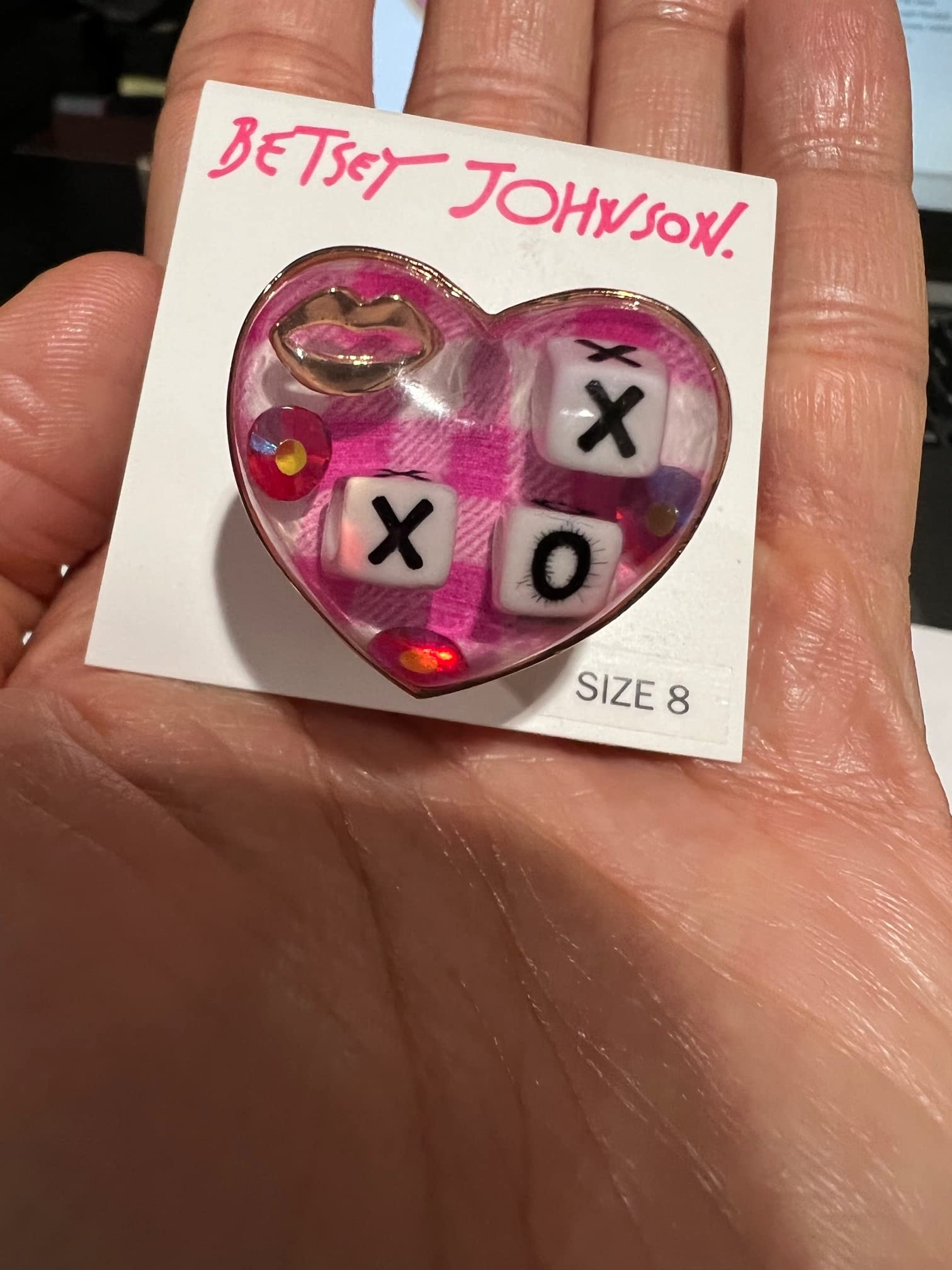 Betsey Johnson Chunky Fuchsia Pink Resin Heart Ring XOX and Gingham Size 8 NWT Valentine's Day Gift Idea Mother's Day XMAS Christmas Present LOVE Heart