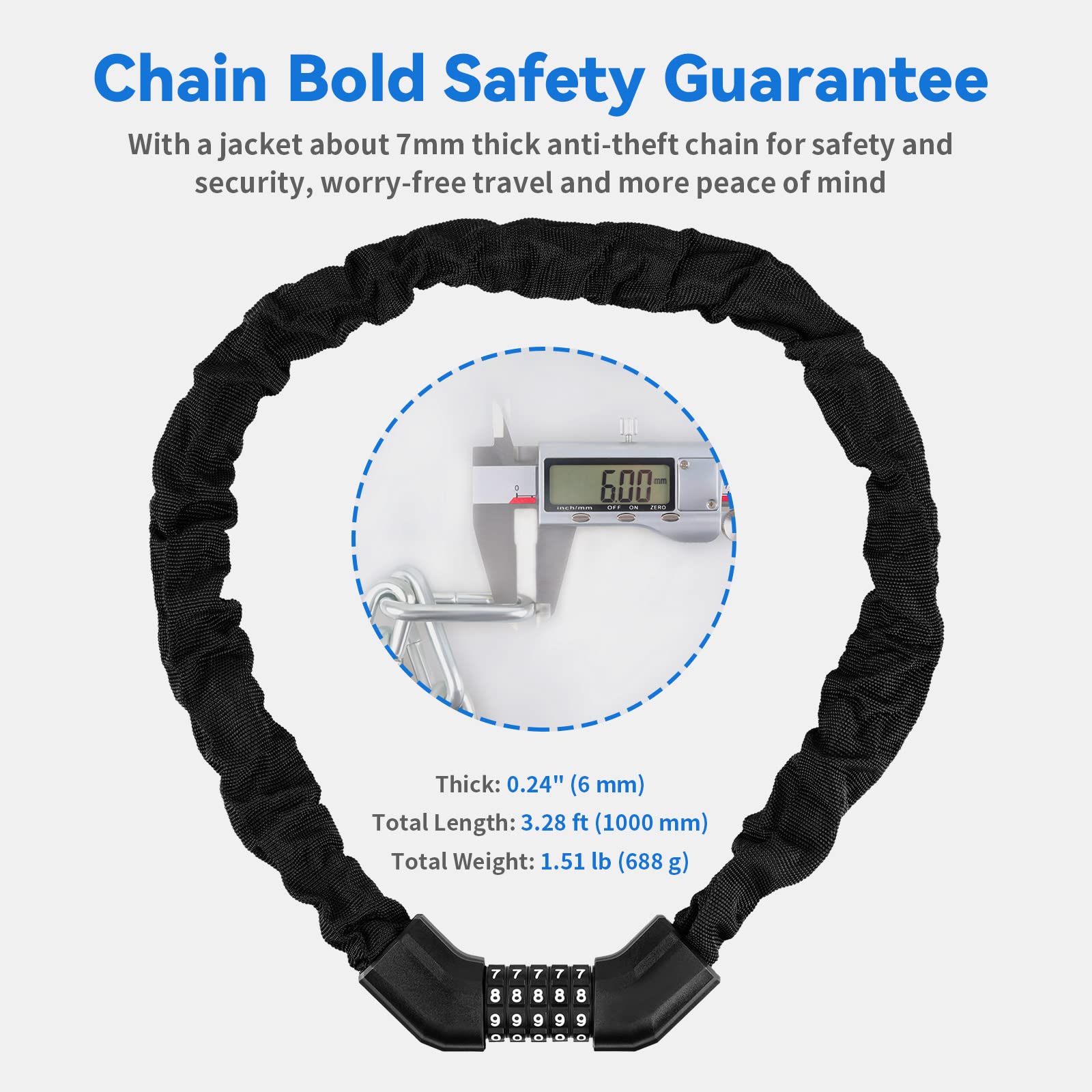 Bike Chain Lock, Bike Locks Heavy Duty Anti Theft with 5 Digit Combination Code, 3.2 feet Long Resettable Bike Locks for Bicycles/Motorcycles/Scooters/Gates (Black)