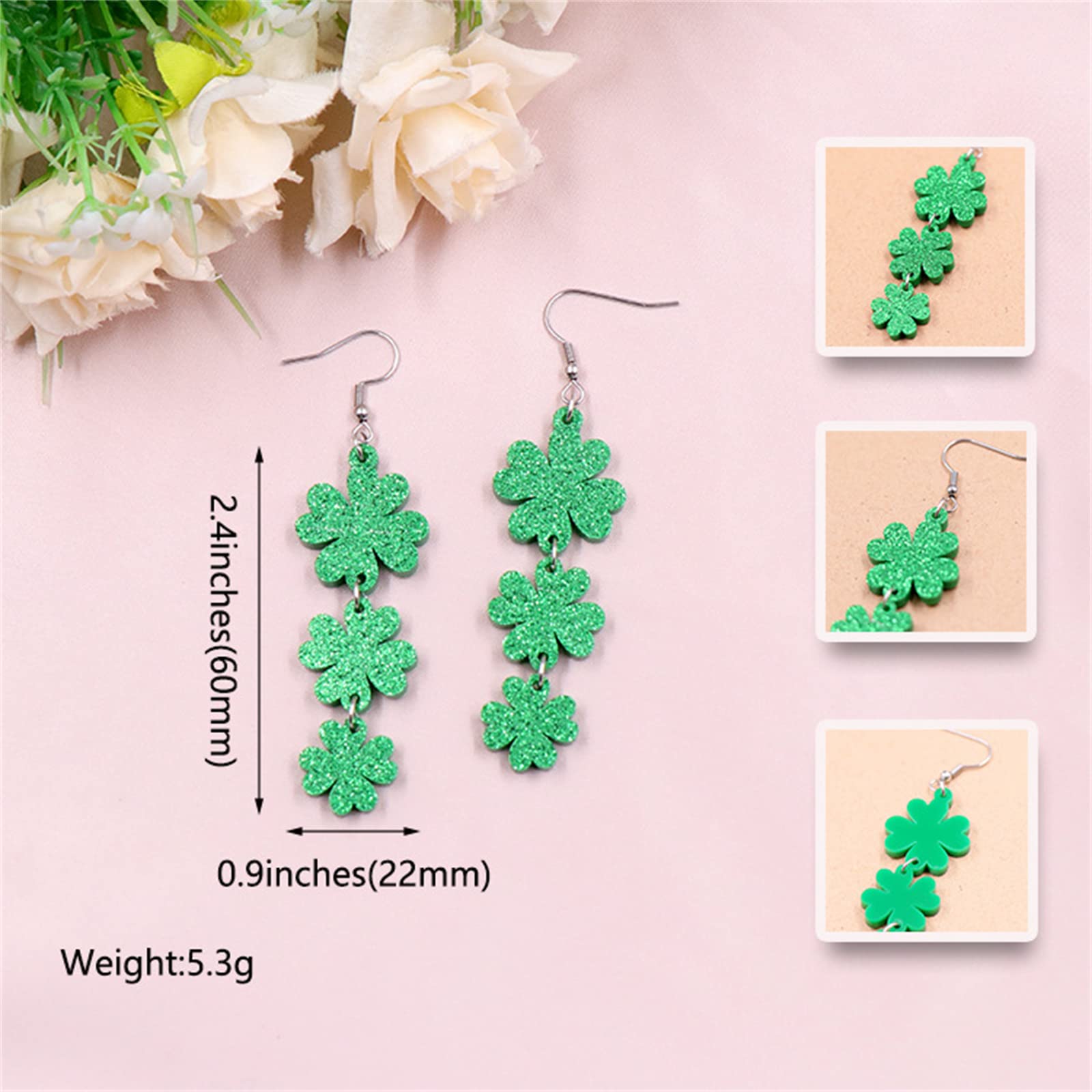 Dreuyet St Patrick's Day Earrings for Women Cute Funny Acrylic Irish Shamrock Dangle Earrings Green Clover Hat Horseshoe Drop Earrings Good Luck St. Patrick's Day Holiday Accessories Jewelry (Triple Shamrock)