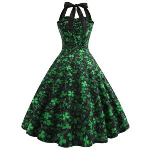 Dresses for Women St. Patrick's Day Sleeveless R-Neck Printing Vintage Gown Party Retro Swing Halter Dress Green