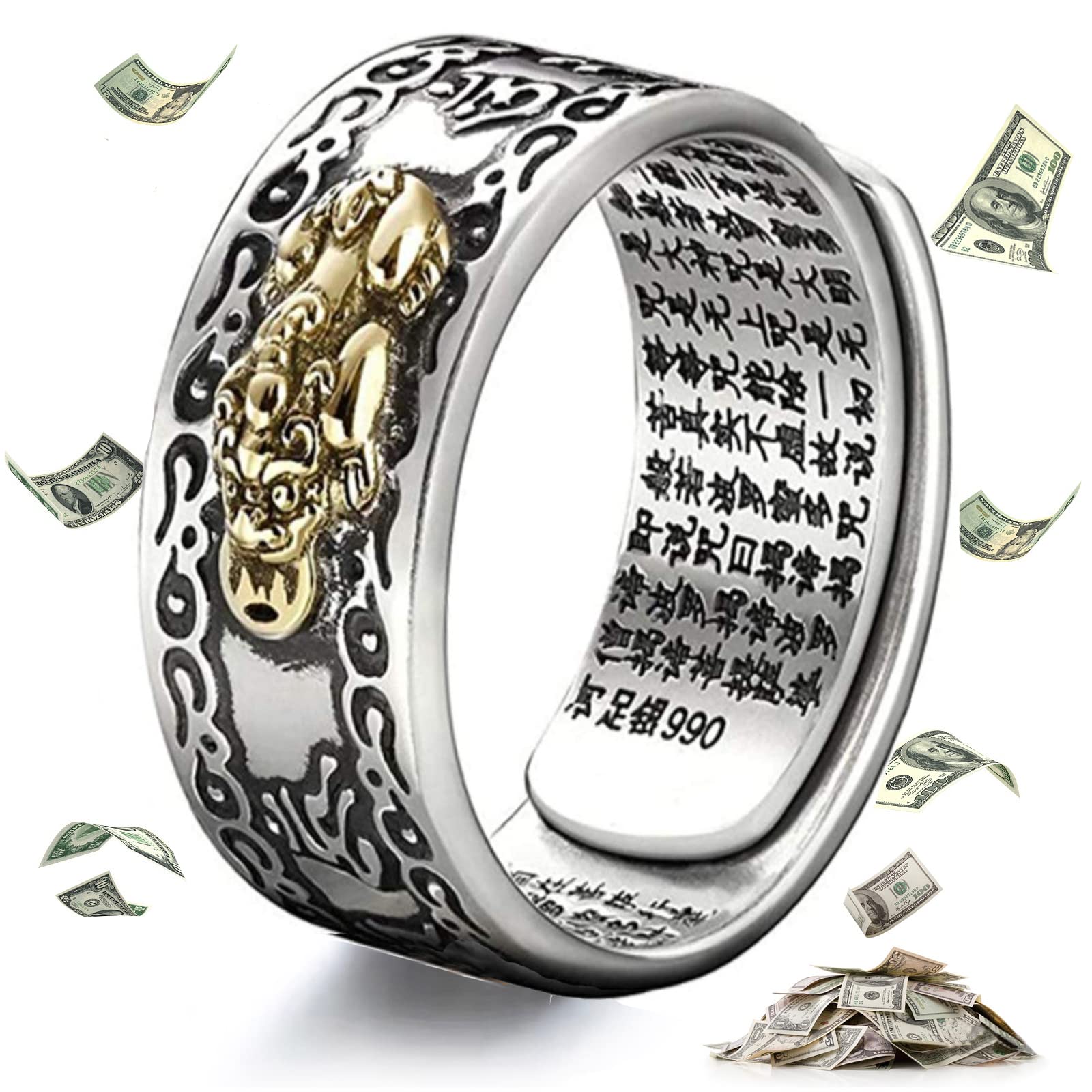 SLINHEWEI 2023 Feng Shui Pixiu Mantra Ring, Anillo Pixiu Feng Shui Ring for Men Women,Ring Adjustable For Wealth And Protection Good Luck Money Amulet, Buddhist Heart Sutra Ring (Multicolor)