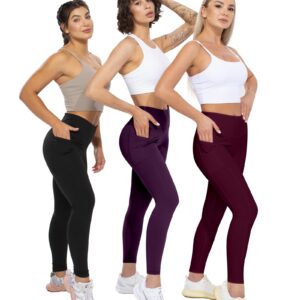 CHRLEISURE Leggings with Pockets for Women, High Waisted Tummy Control Workout Yoga Pants(5 Packs, Black,Gray,Green,Purple,Cassis, S)