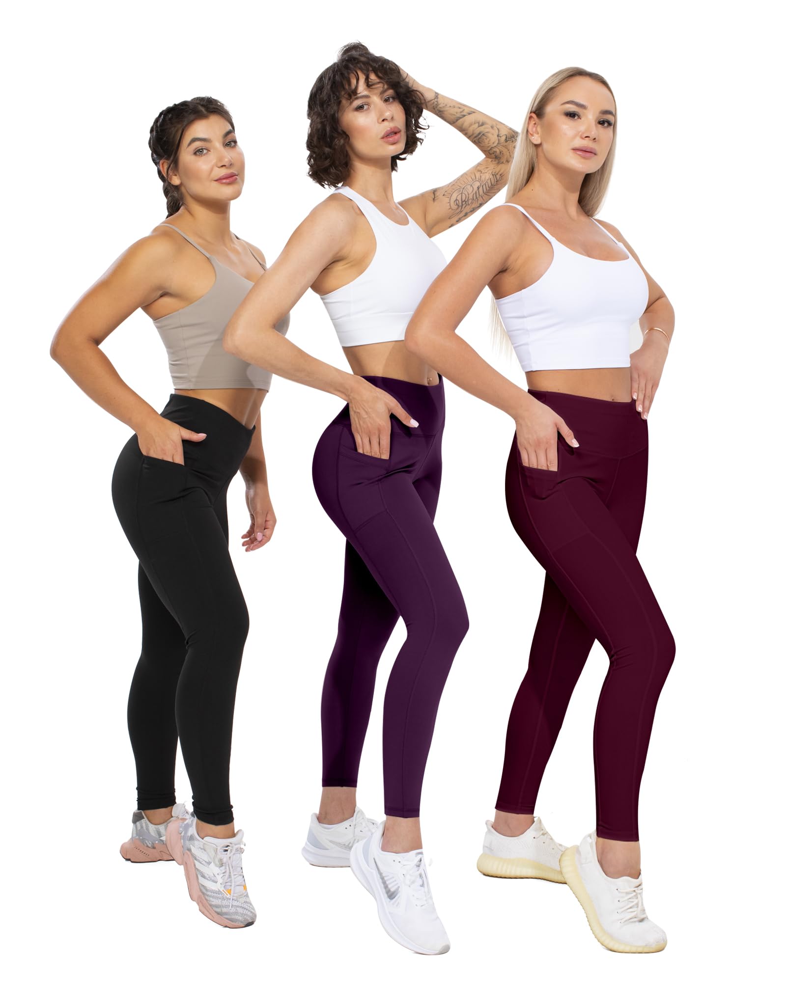 CHRLEISURE Leggings with Pockets for Women, High Waisted Tummy Control Workout Yoga Pants(5 Packs, Black,Gray,Green,Purple,Cassis, S)