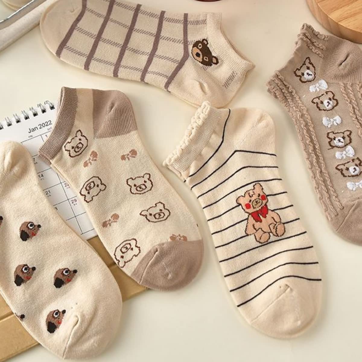 4/5/6/8/10 Pairs Cute Low Cut Ankle Sock Winter Gifts for Women Floral Ankle Thermal Socks Women Short Socks Casual Cotton Socks (5 Pairs-Brown Combo)