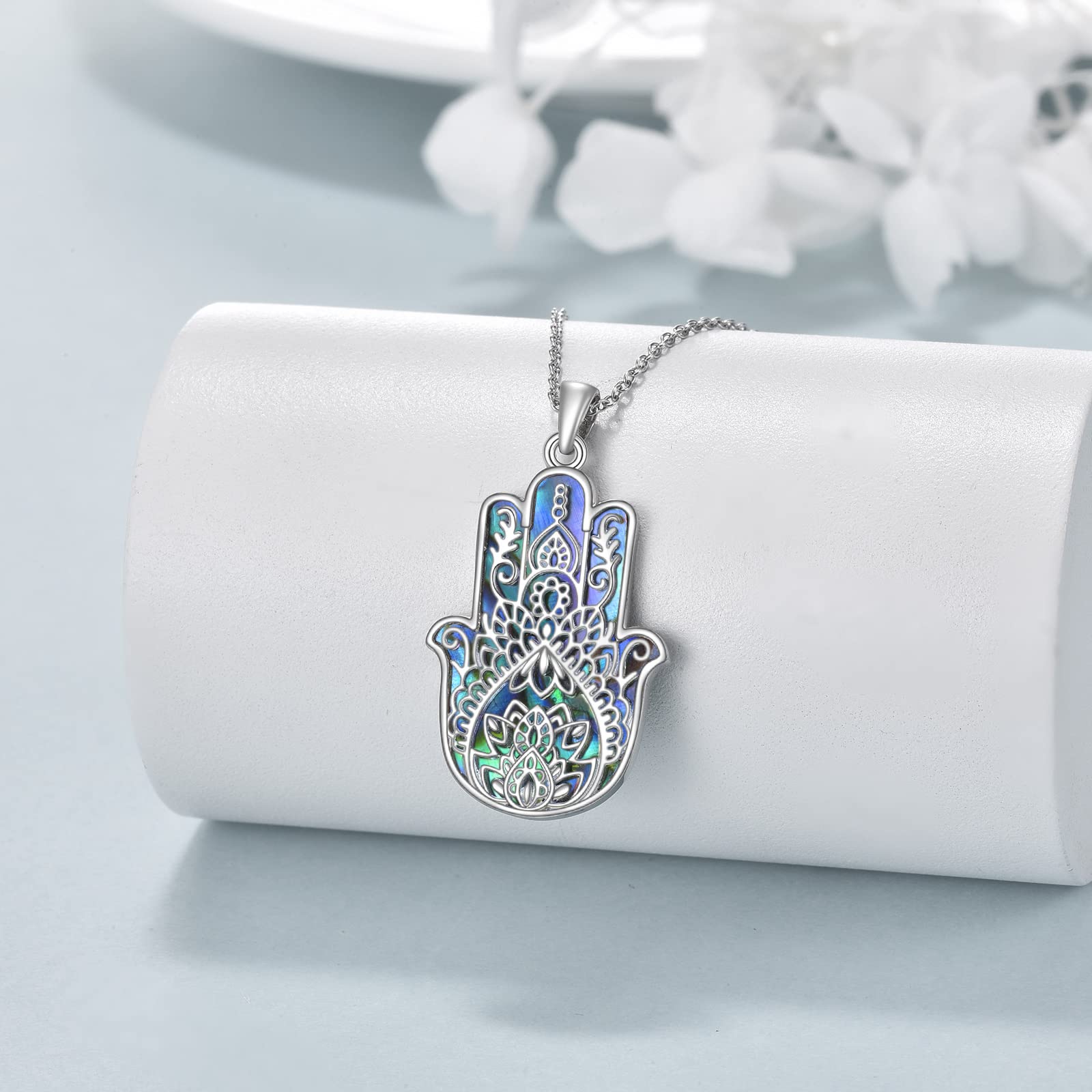 VONALA Hamsa Necklace 925 Sterling Silver Hand of Fatima Necklace Lotus Flower Pendant Good Luck Jewelry Gift for Women Men