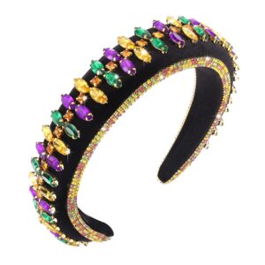 crystal mardi gras headband for women girls sparkly rhinestone embellished purple green yellow hairbands elastic wide carnival hair hoop parade headwear (crystal)