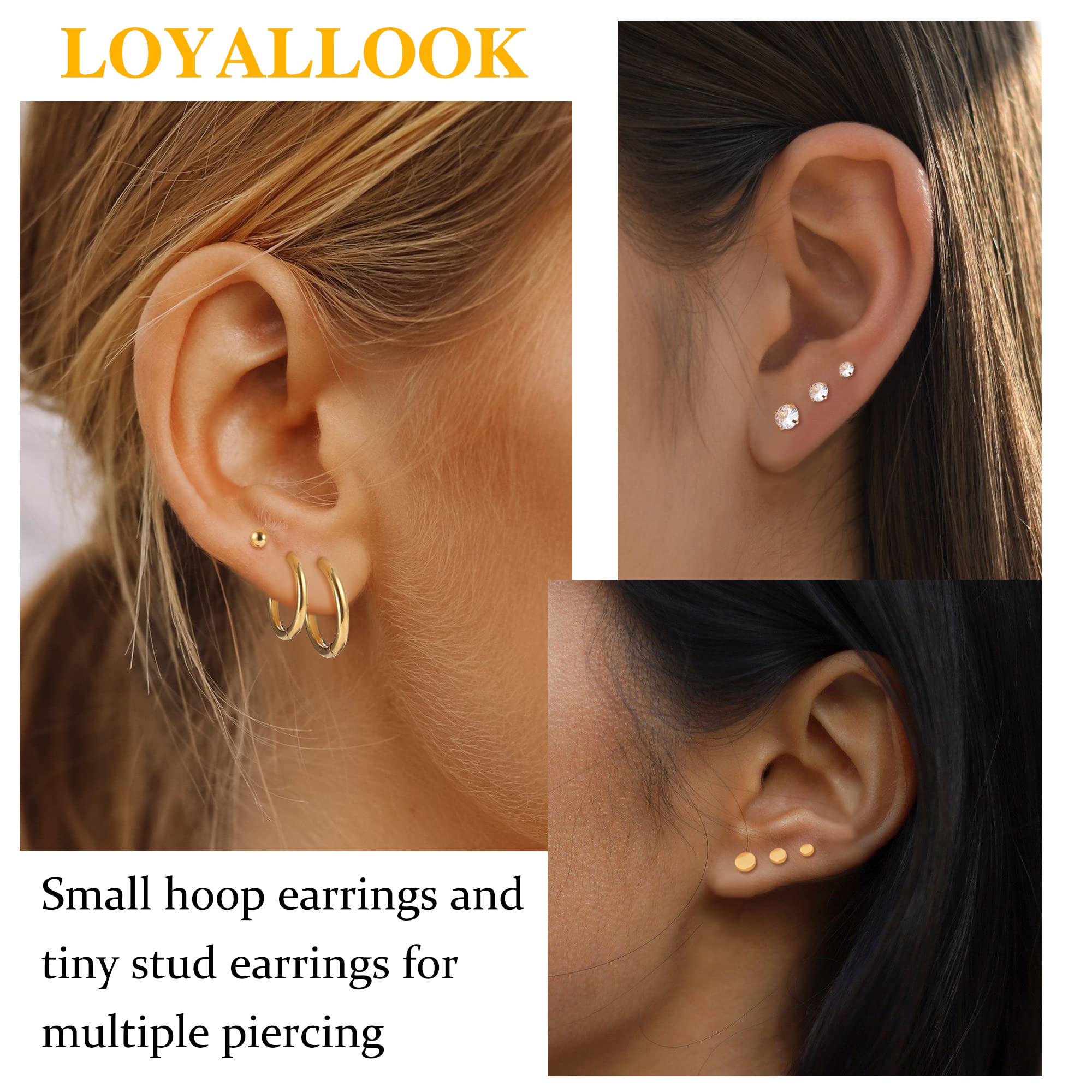 LOYALLOOK Gold Plated Cartilage Earrings Tiny Stud Earrings Stainless Steel Earring Sets for Multiple Piercings Small Huggie Hoop Earrings CZ Ball Flat Back Earrings for Women, Gold