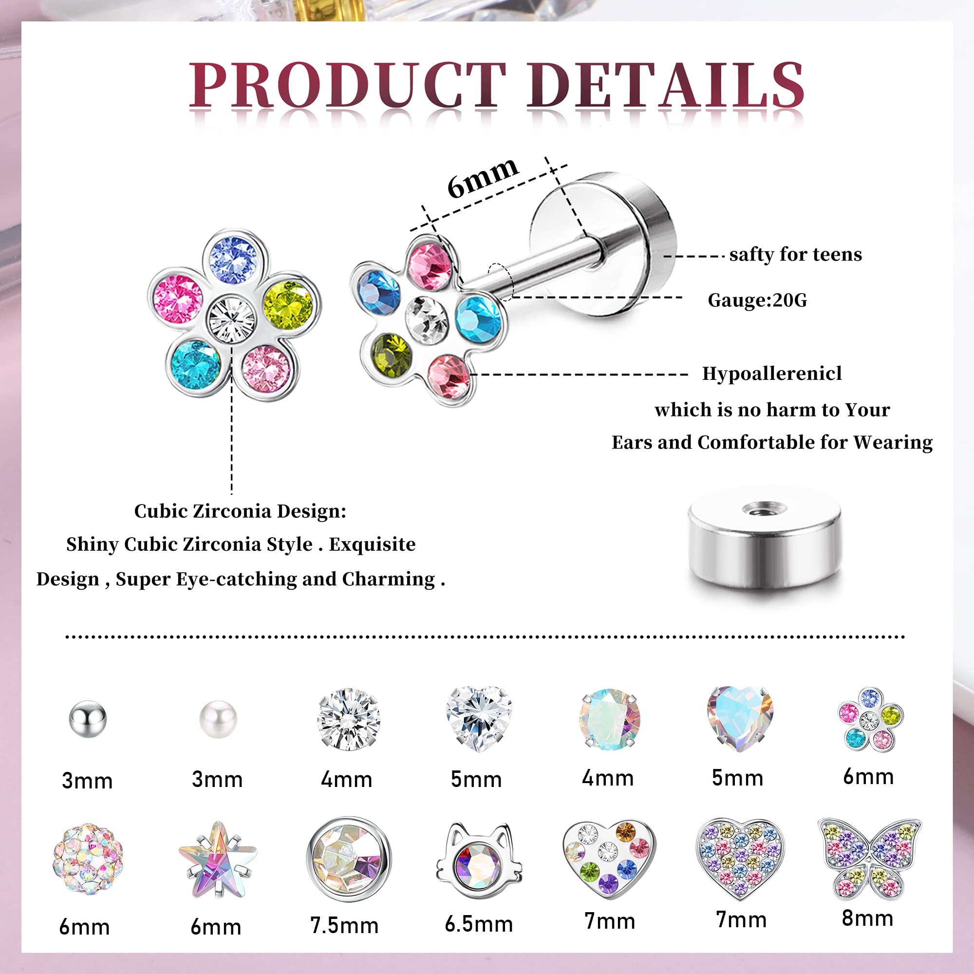 LOYALLOOK Hypoallergenic Screwback Earrings for Women Tiny CZ Pearl Ball Heart Flower Screw Back Earring Studs 316L Stainless Steel Stud Earrings Flatback Multicolored 20G Silver Tone Over 3 Years Old