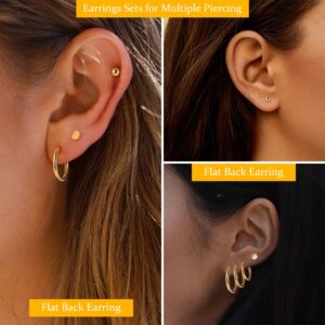 LOYALLOOK Gold Plated Cartilage Earrings Tiny Stud Earrings Stainless Steel Earring Sets for Multiple Piercings Small Huggie Hoop Earrings CZ Ball Flat Back Earrings for Women, Gold