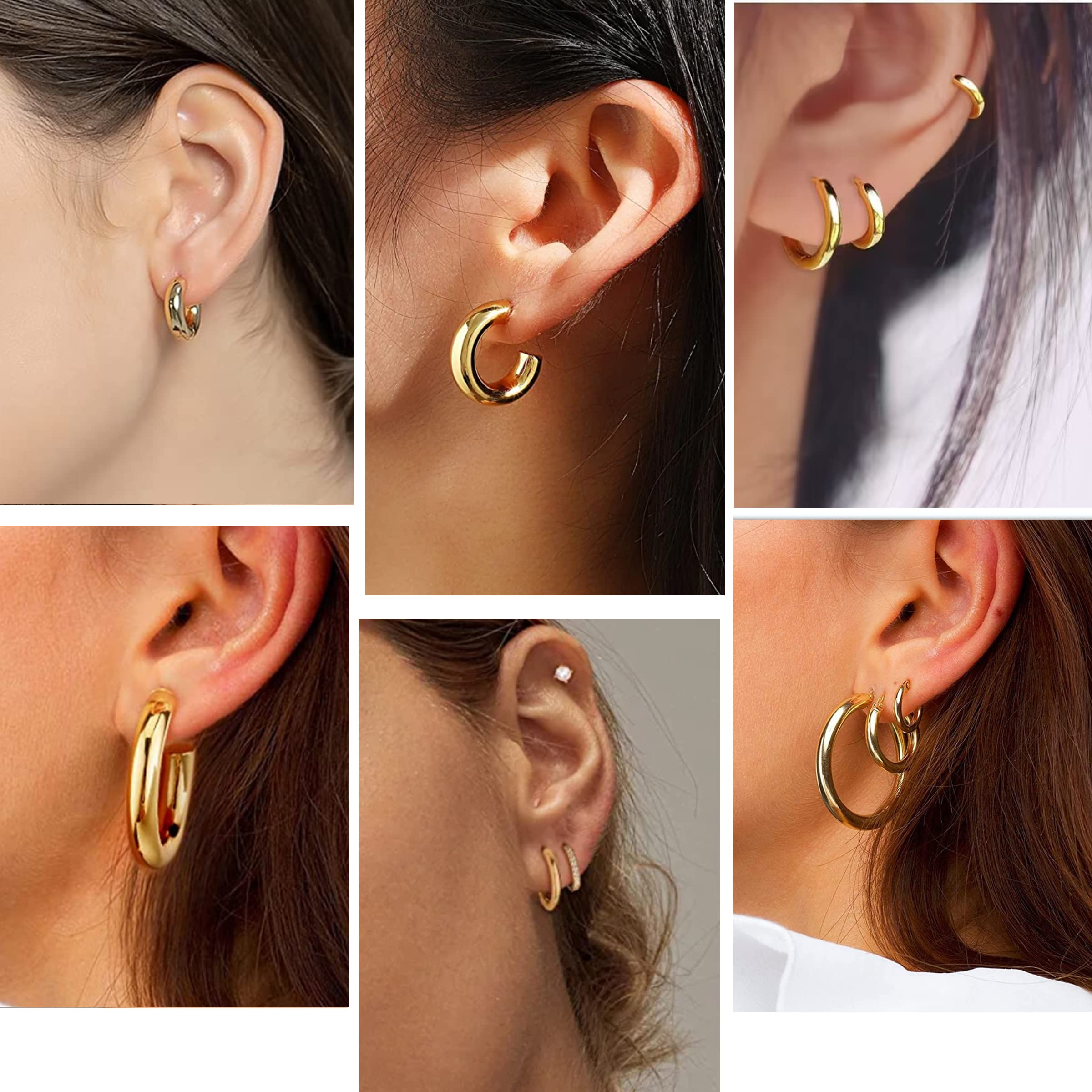 Cuicanstar 9 Pairs Chunky Gold Hoop Earrings Lightweight 14K Gold Hoops Earrings Minimalist Cubic Zirconia Huggie Earrings Set for Women