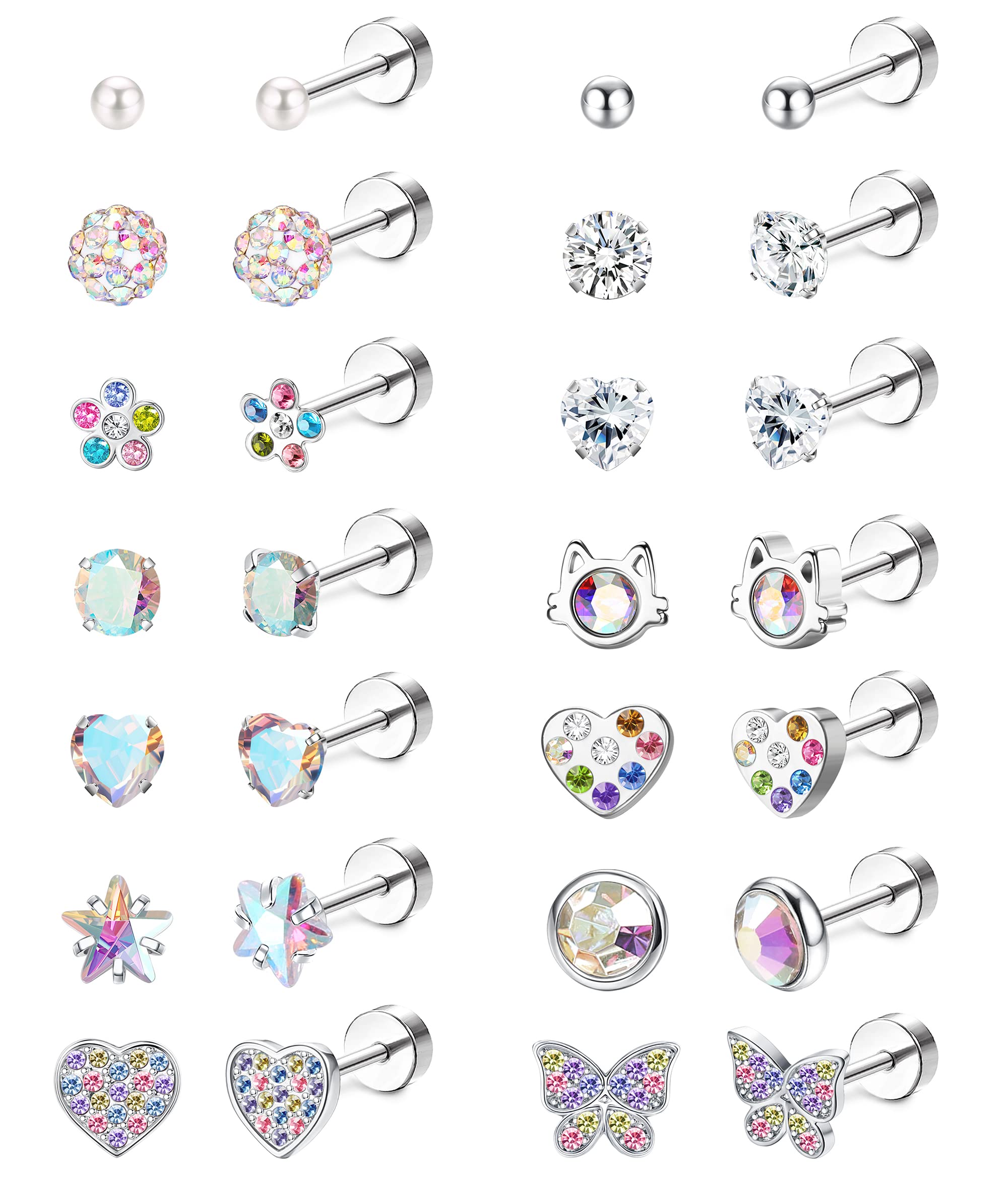 LOYALLOOK Hypoallergenic Screwback Earrings for Women Tiny CZ Pearl Ball Heart Flower Screw Back Earring Studs 316L Stainless Steel Stud Earrings Flatback Multicolored 20G Silver Tone Over 3 Years Old