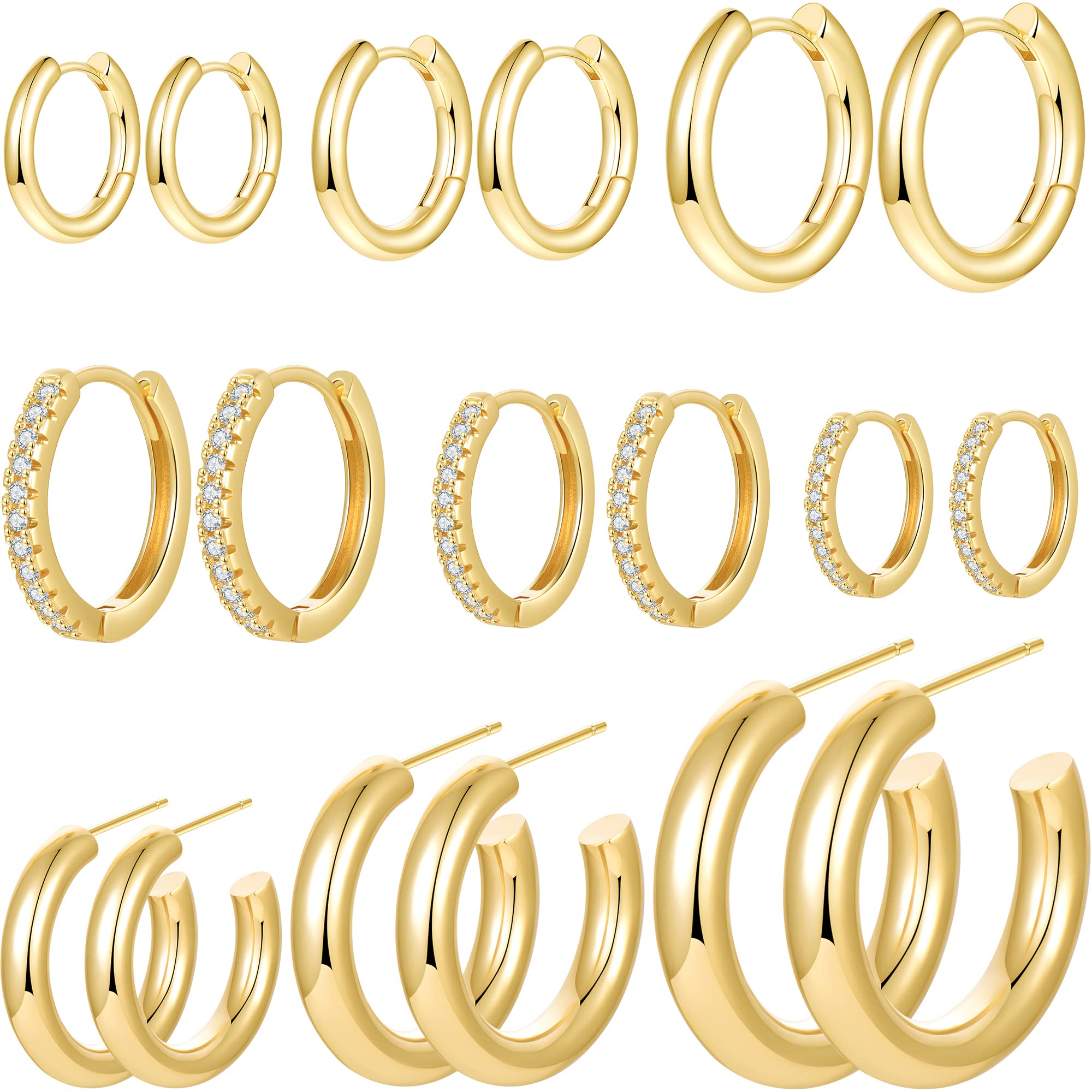 Cuicanstar 9 Pairs Chunky Gold Hoop Earrings Lightweight 14K Gold Hoops Earrings Minimalist Cubic Zirconia Huggie Earrings Set for Women