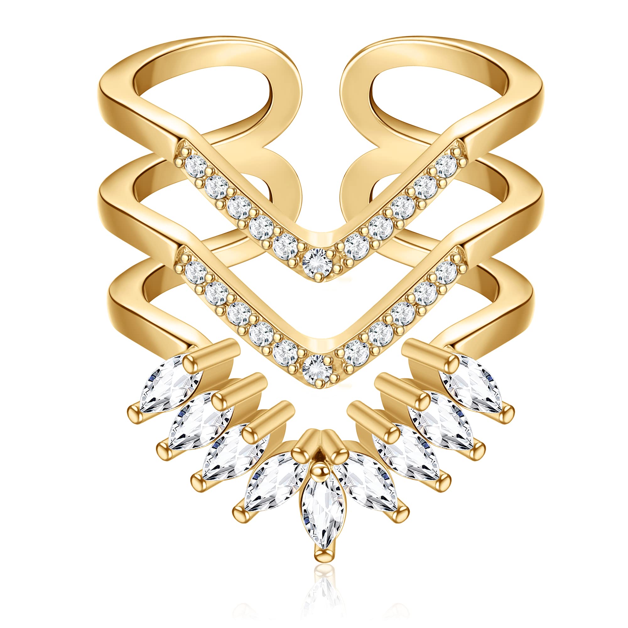 HAIAISO Gold Rings for Women 14k Gold Plated V Shaped Chevron Rings Cubic Zirconia Adjustable Knuckle Statement Rings