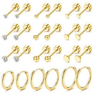 loyallook gold plated cartilage earrings tiny stud earrings stainless steel earring sets for multiple piercings small huggie hoop earrings cz ball flat back earrings for women, gold